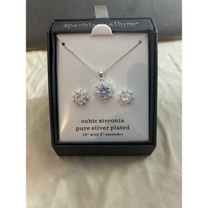 Sparkle Allure CZ 16" Necklace & Earrings Set. Pure‎ Silver Plated. NEW